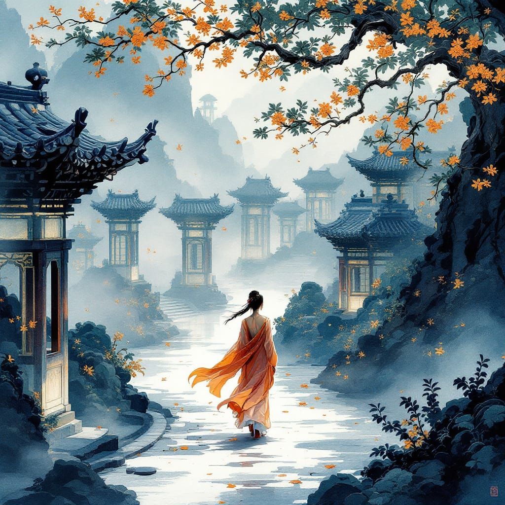 Sample image in the Porcelain Wuxia Gongbi style