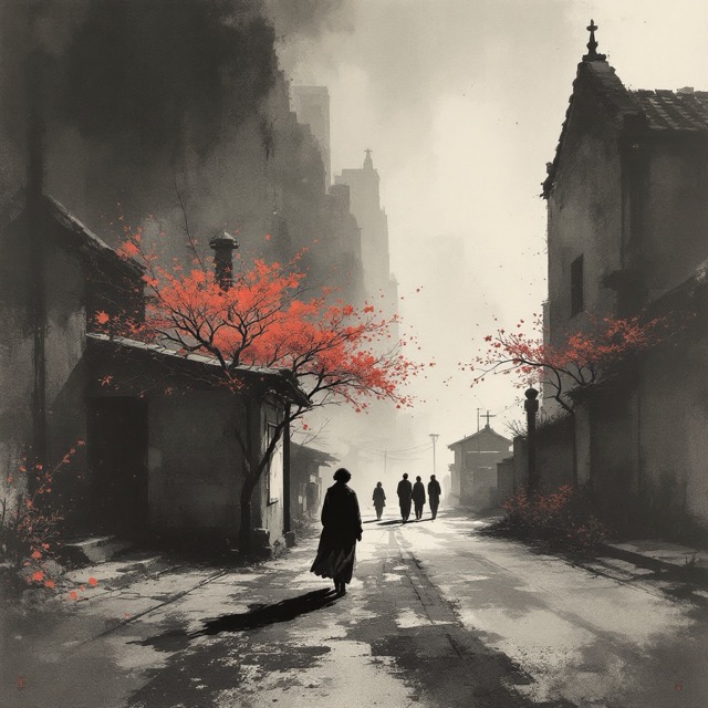 Sample image in the Spattered Sumi Lacquer style